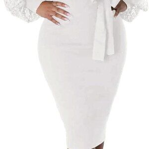 Semi Formal Church Dresses for Women Bishop Sleeve Sexy V Neck Bodycon Midi Dres